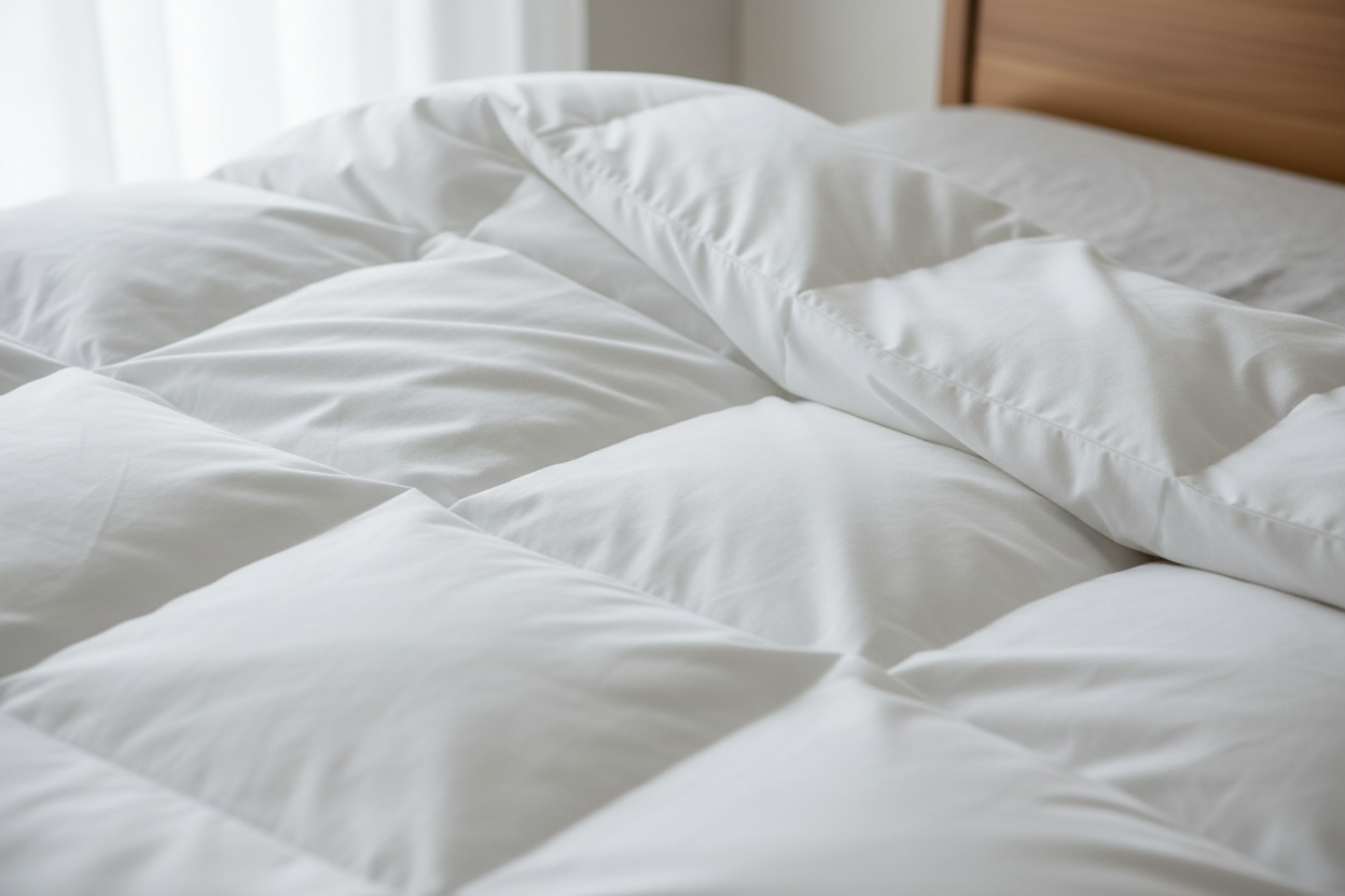 Premium Canadian-made goose down duvet with baffle box construction and breathable cotton shell by Northern Feather Canada.