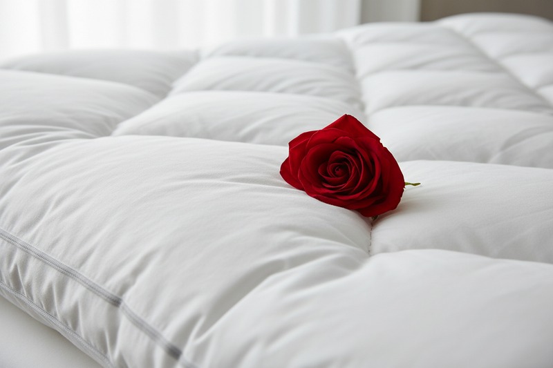 a red rose on the surface of a whote down and feather mattress topper