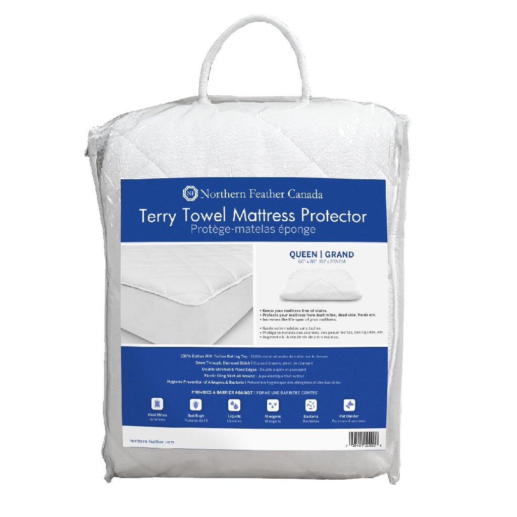 Terry Towel Mattress Protector folded up in packaging | Northern Feather Canada